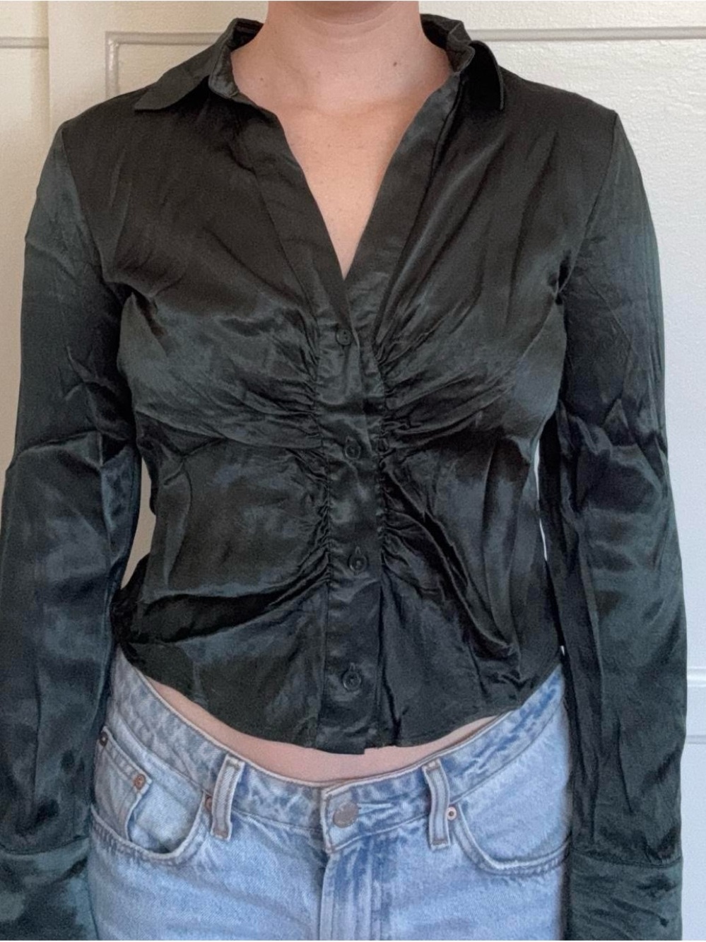 Women's Black Ruched Button-Front Satin Blouse
